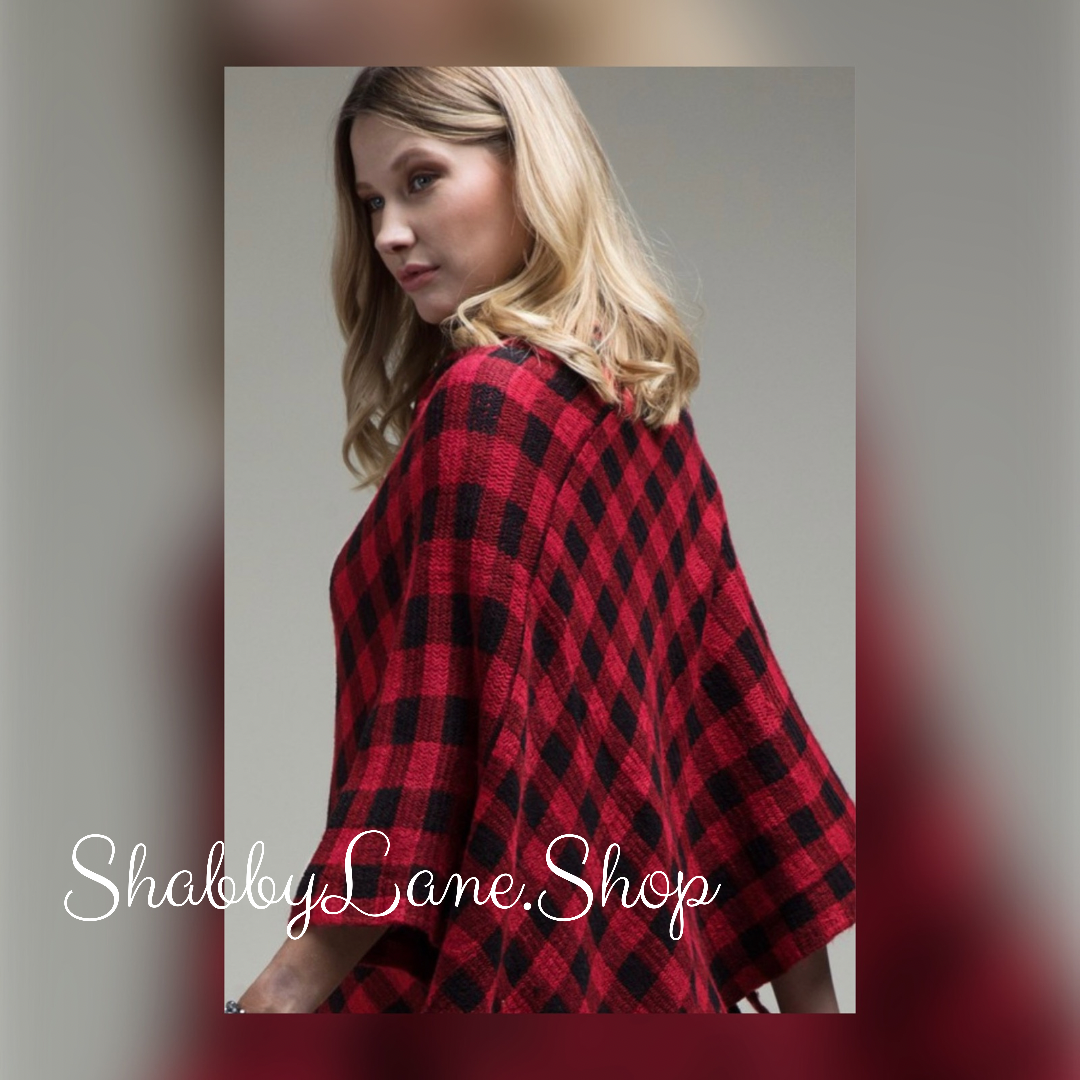 Buffalo plaid poncho with fringe- red  Shabby Lane   