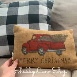 Red truck merry Christmas burlap accent pillow  Shabby Lane   
