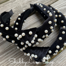 Load image into Gallery viewer, Beautiful Black velvet and pearl accented knotted headband  Shabby Lane   