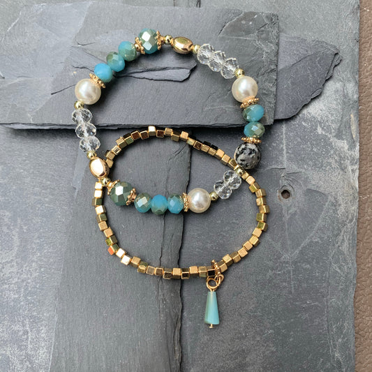 Beaded aqua/blue bracelet duo - Mermaid  Shabby Lane   