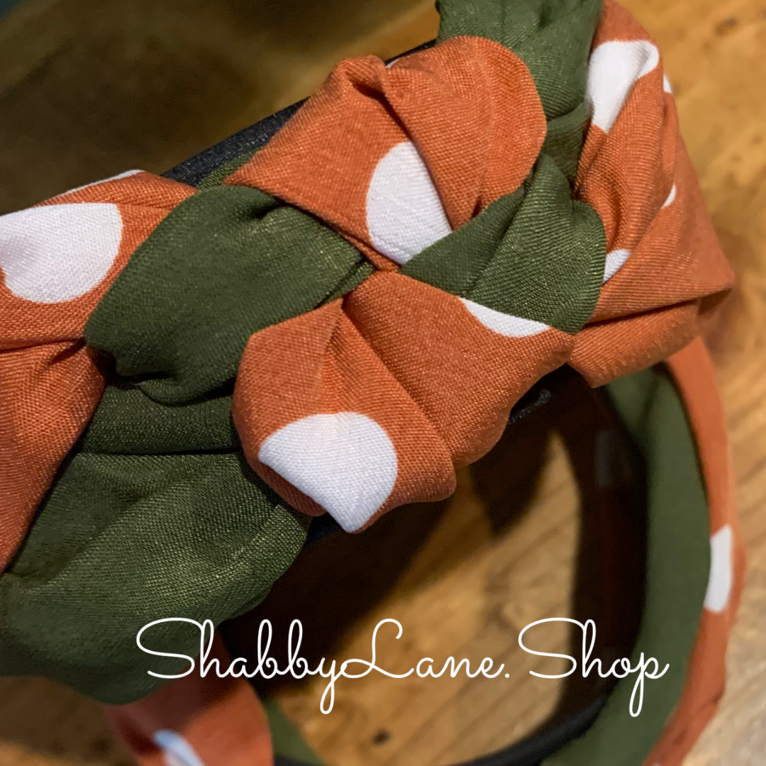 Beautiful burnt orange polka dote and olive knotted headband  Shabby Lane   