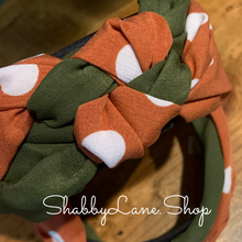 Load image into Gallery viewer, Beautiful burnt orange polka dote and olive knotted headband  Shabby Lane   