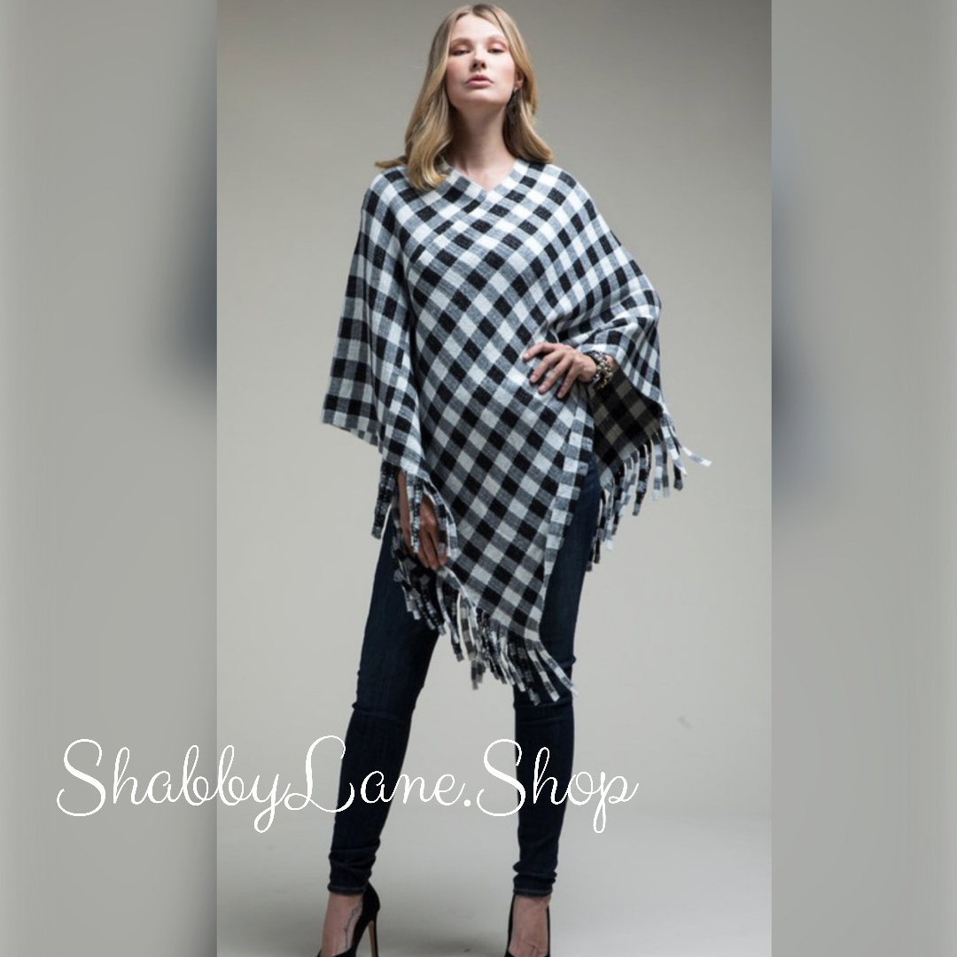 Buffalo plaid poncho with fringe- white and black  Shabby Lane   