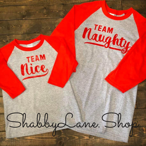 Team Naughty - red sleeves gray unisex T-shirt of the day tee Shabby Lane   