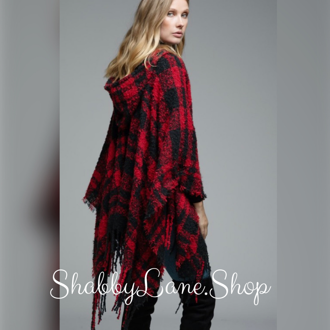 Plush Plaid Ruana Hoodie - Red  Shabby Lane   