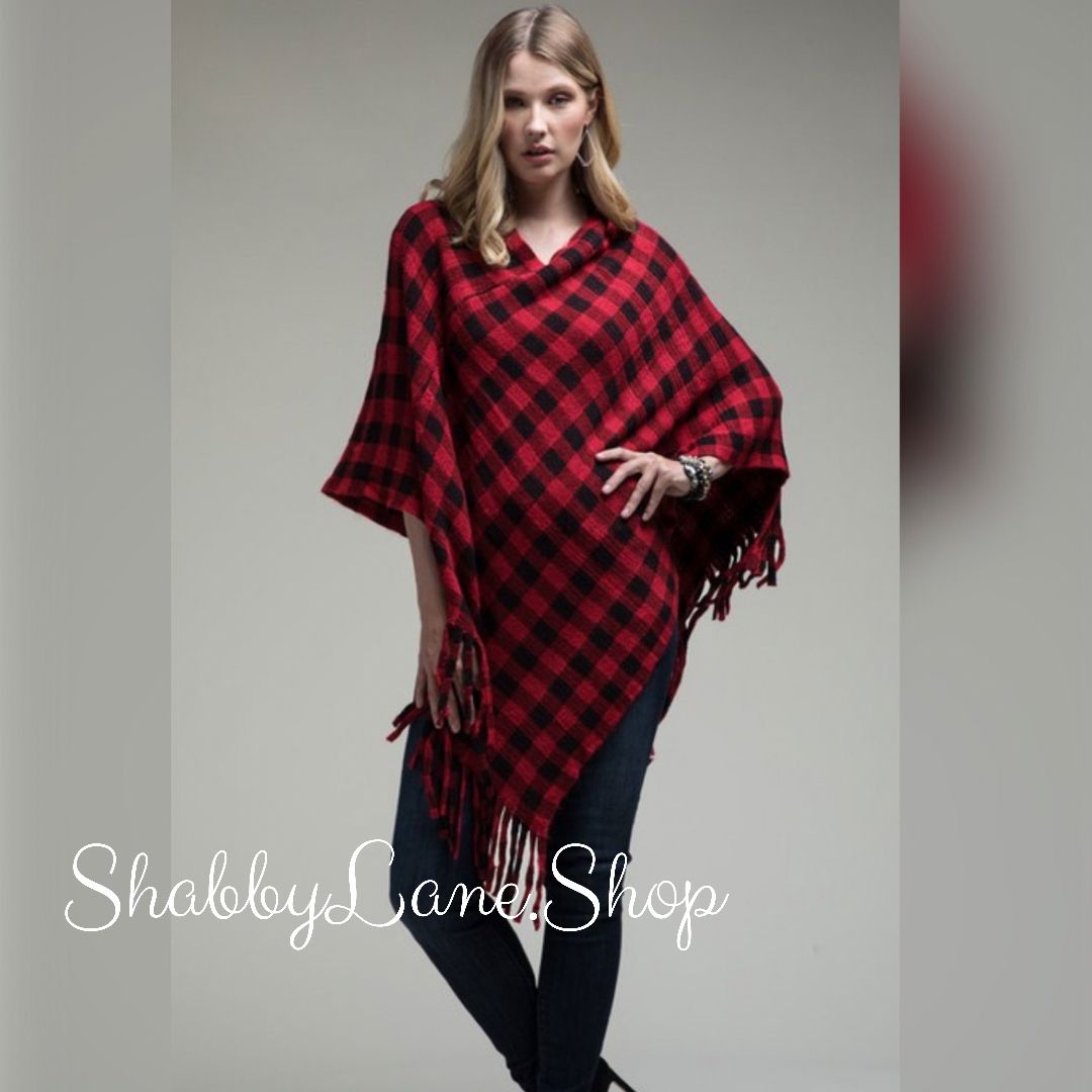 Buffalo plaid poncho with fringe- red  Shabby Lane   