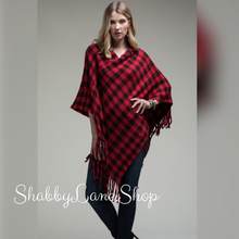 Load image into Gallery viewer, Buffalo plaid poncho with fringe- red  Shabby Lane   