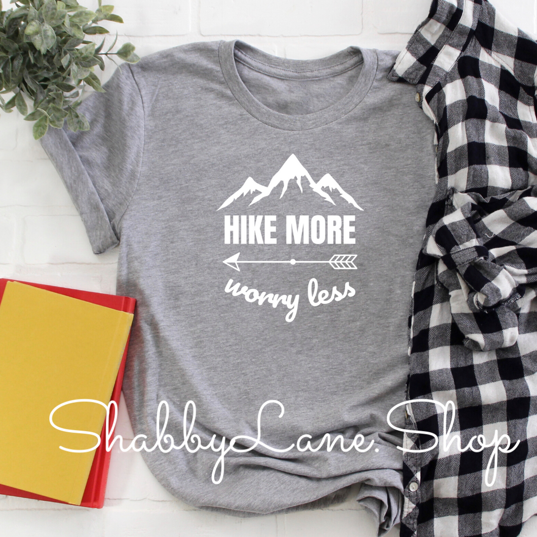 Hike More Worry Less - Heather Gray black text tee Shabby Lane   