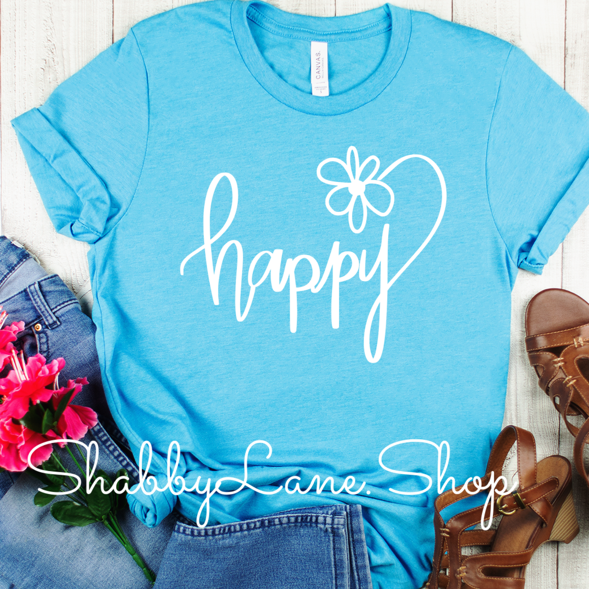 Happy- Aqua Heather tee Shabby Lane   