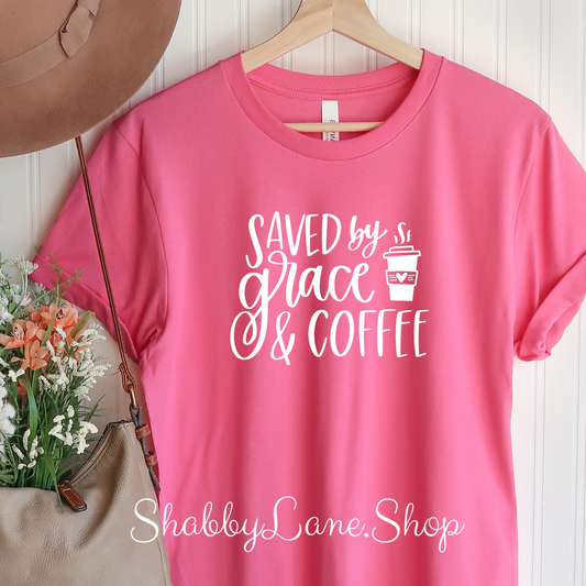 Saved by Grace and Coffee - Pink T-shirt tee Shabby Lane   