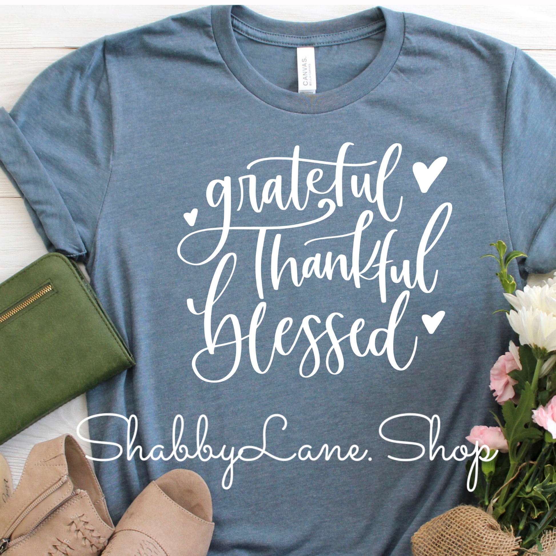 Grateful Thankful Blessed - Slate tee Shabby Lane   